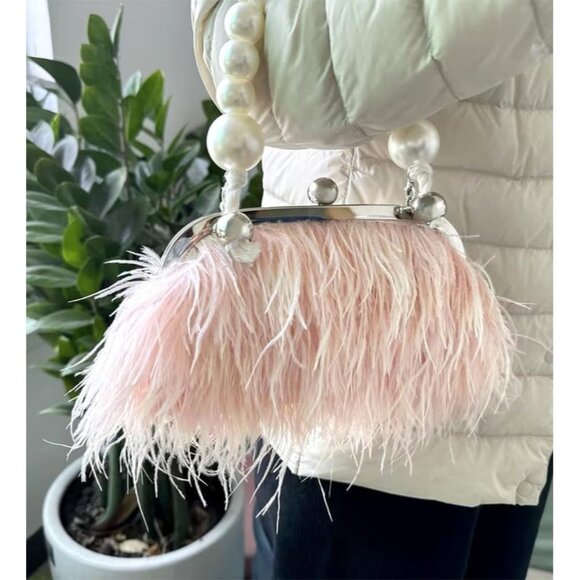 ⚡Women's Fluffy Ostrich Feather Pearl Banquet Evening Light Pink Clutch Bag - Picture 2 of 6